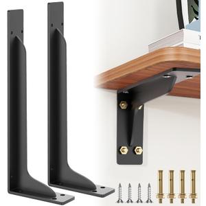6x16x1/5inch Shelf Brackets, 2PCS Heavy Duty Wall Mount Metal L Brackets for Shelves, Black Coated Floating Shelf Support Brackets for DIY Decorative (16Inch)