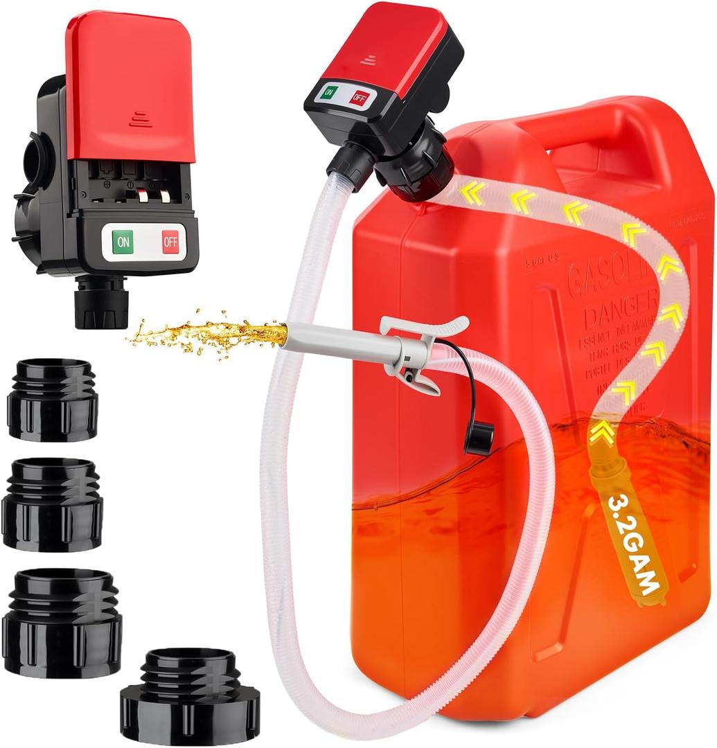 HERMOCE Electric Fuel Transfer Pump with Auto-Stop Sensor - Prevents Overfills, 3.2GPM Battery Powered, Includes 51" Hose & 4 Tank Adapters, Siphon Pump for Gasoline, Diesel, Oil, Kerosene