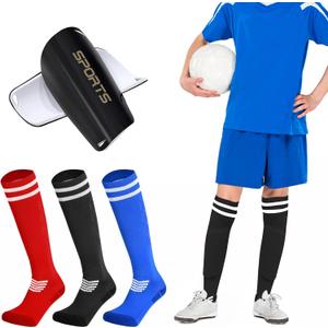 Shin Guards Soccer Youth, Soccer Socks Football Calf Shin Pads, Knee High Sport Long Sock, Ages for 3-20+ Years Old (X-Small, Multicolor (3 Pairs Socks + 1 Pair Shin Guard))