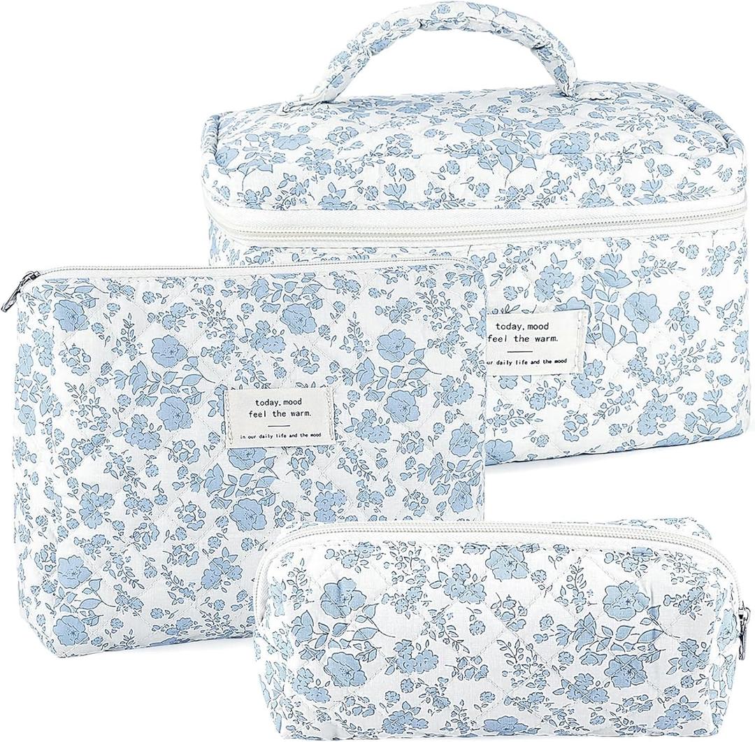 URSKYTOUS 3Pcs Makeup Bag Quilted Cosmetic Bag Set Bow Travel Large Makeup Pouch for Women Cute Portable Cotton Toiletry Bag Skincare Organizer Coquette Vintage Travel Essential (MH 3PCS White Blue)
