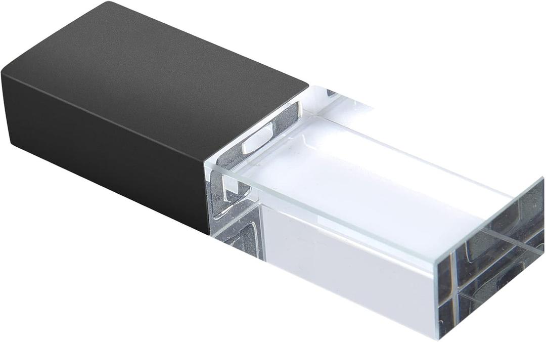 Flash Drive 64GB Crystal Transparent Rectangle Genuine Glass LED Light Waterproof USB Clear Thumb Stick Memory Storage Memoria Jump Pen Drive Unique Cool Fun Novelty Sweet Wedding Photography Gift (Black)