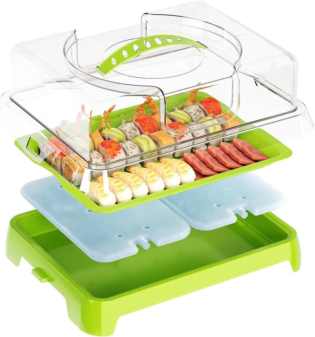 Chilled Portable Serving Tray Platterbox with Reusable Ice Pack with Lid Shrimp Cocktail Serving Dish Platter Cold Food Buffet Server for Appetizer Veggie Fruit Food Parties Outdoor Picnic, Green
