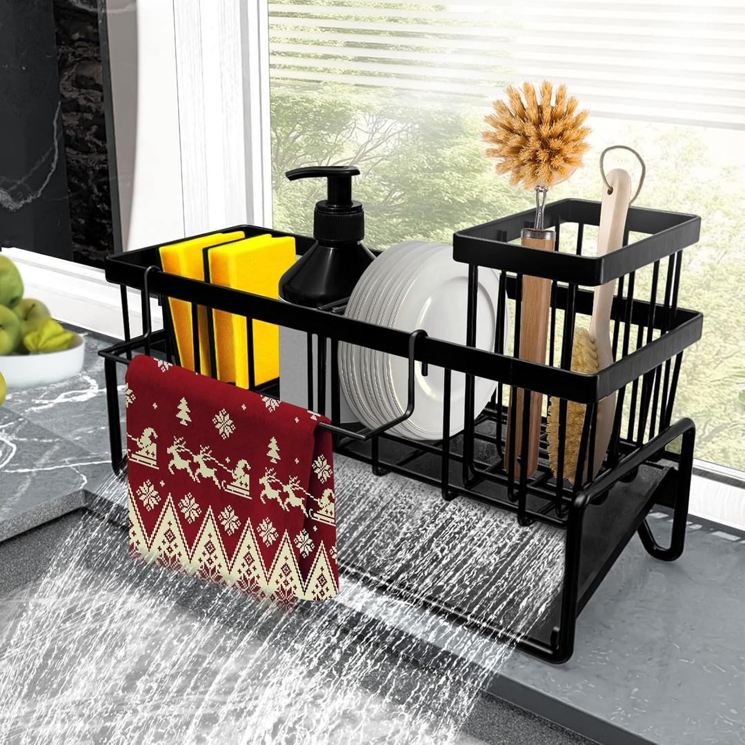 Sponge Holder for Kitchen Sink CaddySink Caddy Organizer with High Brush Holder Adjustable Divider, Tilted Drain Pan, Multifunctional for Home Decor Accessories (Black)