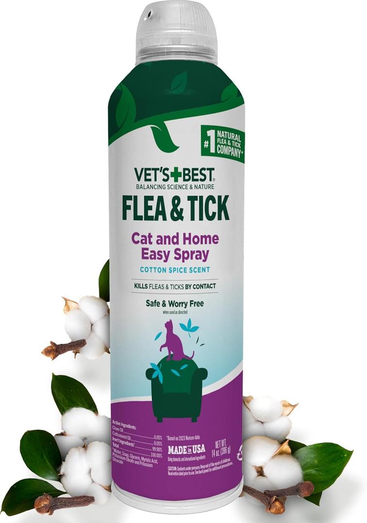 Vet's Best Natural Flea & Tick Easy Spray for Cats  Natural Flea & Tick Prevention with Cotton Spice Scent  Plant-Based Cat Spray with Essential Oils  Gentle Pest Control Formula  14 oz Bottle