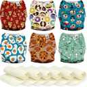 Mama Koala 3.0 Cloth Diapers for Babies, 6 Pack One Size Washable and Reusable Pocket Diapers for Newborns and Toddlers (Food Meeting)