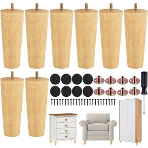 TURSTIN 8 Pieces Furniture Legs 6 Inches Round Solid Wood Furniture Feet Couch Legs Sofa Legs Replacement Legs for Armchair, Cabinet, Chair, Dresser or Home DIY Projects, Natural Wood