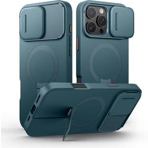 SURITCH for iPhone 16 Pro Max Case with Magnetic Camera Slide Cover and Adjustable Kickstand, Compatible with MagSafe, Shockproof Bumper Case Slim Protective Cover 6.9 Inch, Lake Green