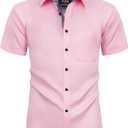 Alimens & Gentle Mens Short Sleeve Dress Shirts Wrinkle Free Solid Casual Button Down Shirts with Pocket (Small, Pink)