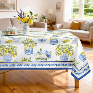 Summer Lemon Tablecloth Waterproof, Floral Table Cloth Rectangle Stain Resistant, Washable Table Cover for Home Kitchen Dining Party Decoration (55 x 70 Inch)