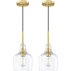 2 Pack 1 Light Kitchen Island Pendant Ceiling Light 6.11" Clear Glass Gold Finish Fixture,Modern Industrial Farmhouse Pendant Lamp for Bedside Over Sink Hallway