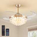 48'' Boho Fandelier Ceiling Fan with Light, Capiz Shell Retractable Ceiling Fan Lights with APP/Remote, Dimmable Coastal Invisible Chandelier Fan with 6 Speeds Wind, Timer for Bedroom Living Room-Gold