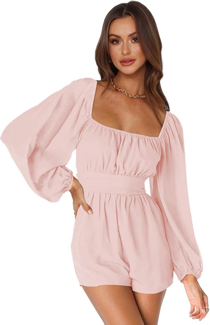 Long Sleeve Shorts Rompers For Women 2024 Summer Square Neck Tie Back Dressy Chiffon Mini Short Jumpsuit, M