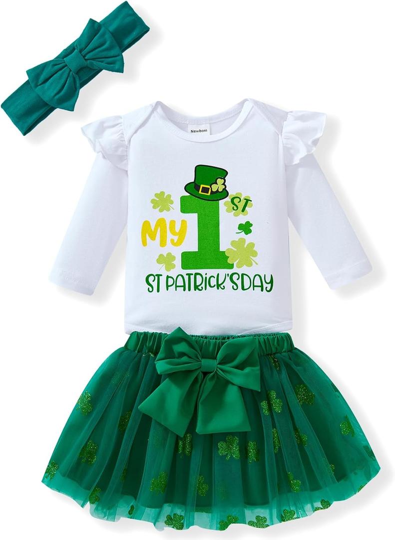 Baby Girl Outfits Long Sleeve Crewneck Romper+Tutu Skirt+Leg Warmer+Headband Holiday Dress Newborn to 18 Months (6-12 Months, Shamrock/Green)