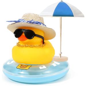 2 x Yellow Rubber Duck with Sun Hat, Swim Ring, Necklace, Sunglasses & Sunshade Cute Duck for Car Ornament Home Decor Desk Summer Beach Party Decoration (Blue)