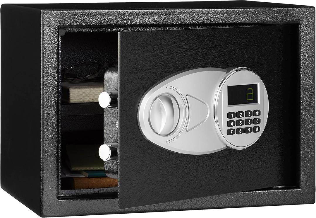 Amazon Basics Steel Security Safe and Lock Box with Electronic Keypad, for Cash, Jewelry, Documents, Black, 0.5 Cubic Feet, 13.8" W x 9.8" D x 9.8" H