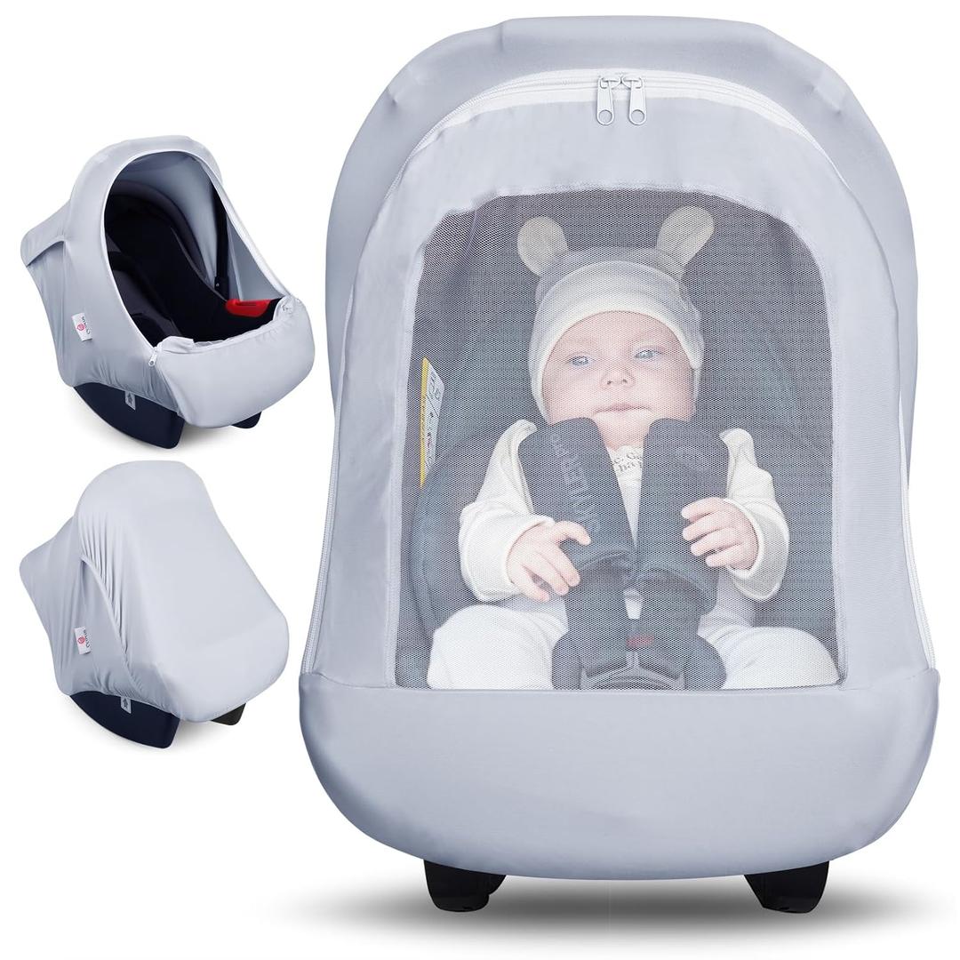Metplus Car Seat Cover, Breathable Mesh Window Infant Carseat Canopy for Baby Boys & Girls, Summer Stroller Sunshade Net for Airflow & Privacy, Stretchy Universal Fit