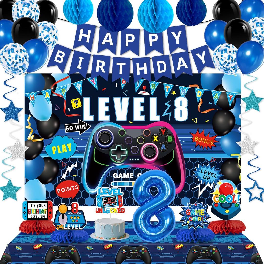Video Game 8th Birthday Decorations for Boys, Blue Level 8 Party Decor Kits for Boy, 8 Years Old Game Supplies- Backdrop Honeycomb balls Hanging Swirls Centerpieces Balloons Tablecloth Cake topper