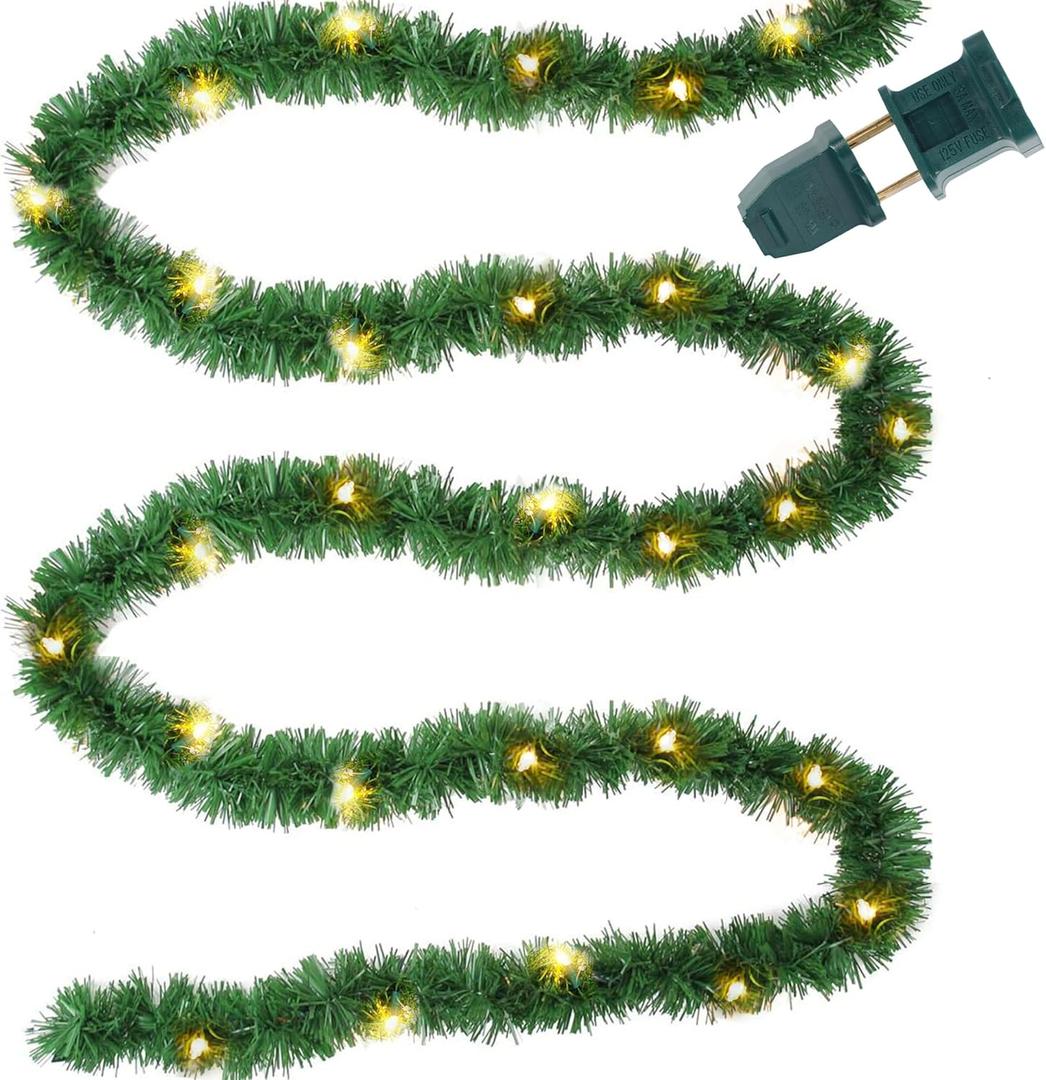 Biswing 15FT Pre-lit Christmas Green Garland Upgrade, Lighted Artificial Pine Garlands with 35 Count Clear Lights, Connectable & Light Up for Indoor Outdoor Home Winter Holiday New Year Decorations (Warm White)