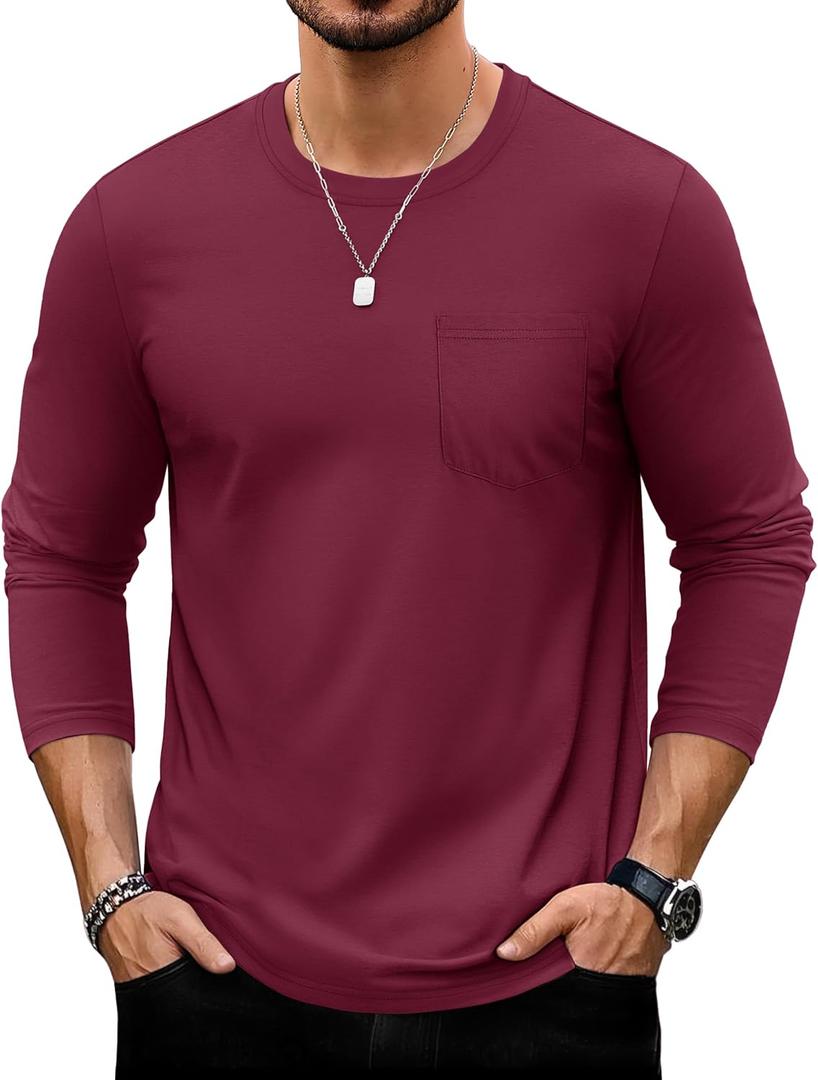 TACVASEN Mens Long Sleeve Tee Shirts Cotton Lightweight Casual Pocket Crew Neck Work T Shirts for All Season (M)