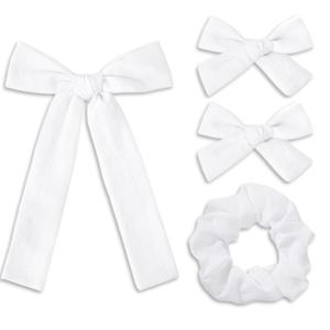 4 x 4 Pcs White Bows Set Accessories for Hair, White Scrunchie and Alligator Hair Clips Long Ponytail Bow Knot Linen Satin Hair Accessories for Women and Girls (3 Styles)
