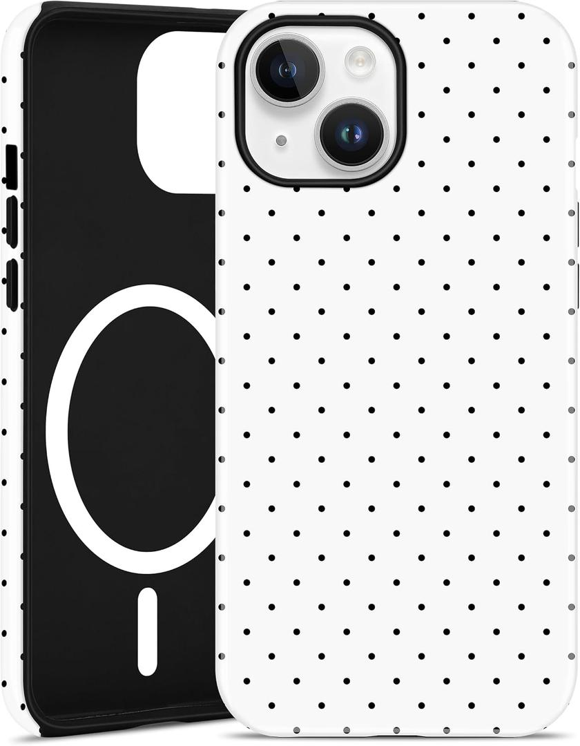 Jusy Compatible with MagSafe Polka Dot Case for iPhone 15, Cute Aesthetic Polka Dots Magnetic Phone Case, Soft TPU and Hard PC Protective Phone Cover for Women Girls (Matte) - White