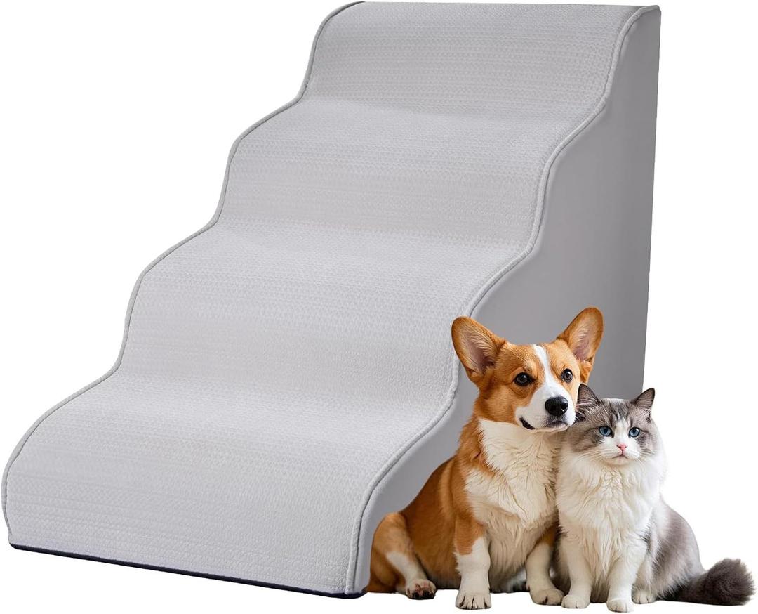 Dog Stairs for Small Dogs 19.7”H,Cowhide-Pattern Flocking Fabric,with Cushioning Support Layer,4-Step Dog Steps for High Bed,Couch,Sofa and Chair,Non-Slip Balanced Pet Ramp Indoor, Gray