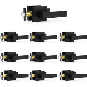 Plustool 10 Pack Matte Black Door Handles, Passage Door Levers for Hall & Closet, Interior Door Knobs Heavy Duty Square Non-Locking Handlesets, Reversible for Left & Right Sided Doors