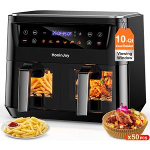 10QT Large Dual Basket Air Fryer with Viewing Window and 50pcs Paper Liners, 10-in-1 Digital Touchscreen Double Zone Air Fryers, SyncCook to Bake,Roast,Reheat,Broil, Nonstick Dishwasher Safe