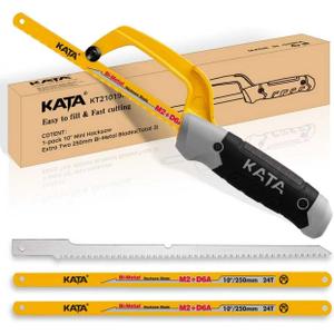 KATA Hacksaw, Compact Hand Operating Hack Saw with 10 Inch Aluminum Frame, 2 Piece Extra Flexible Bi-Metal HSS Blades and 1 Piece Woodworking Saw Blade, Suitable for Wood and Metal (Mini Hacksaw)