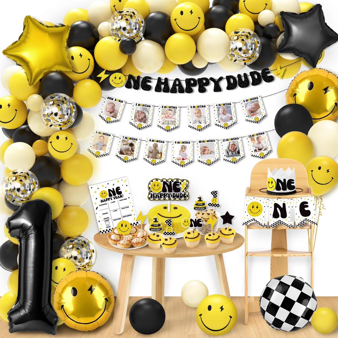 One Happy Dude Birthday Decorations - Happy Face Party Supplies, Cool Dude Balloons Arch Decor for First Birthday Idea for Baby Boys and Girls