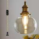 Plug in Glass Pendant Light with Dimmable Switch 4.72" Vintage Hanging Pendant Light Fixtures for Bedside Dining Room Foyer, Brass (Clear A136)
