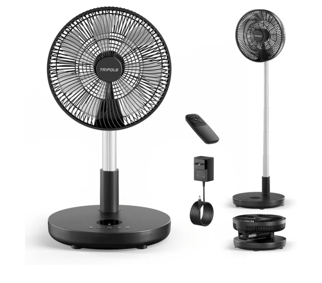 TriPole Foldable Standing Fan 12" Portable Rechargeable Battery Pedestal Fan with Remote, Timer Setting, Height Adjustable, for Home Office, 6 Speed, 12000mAh (Black)