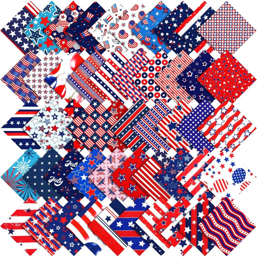 Irenare 100 Pcs 8 x 8 Inches Cotton Patriotic Quilting Fabric Veterans Day Fat Fabric Bundle Squares Quilting American Flag Star Printed Material Sewing Patchwork for Craft Handmade DIY Sewing Craft