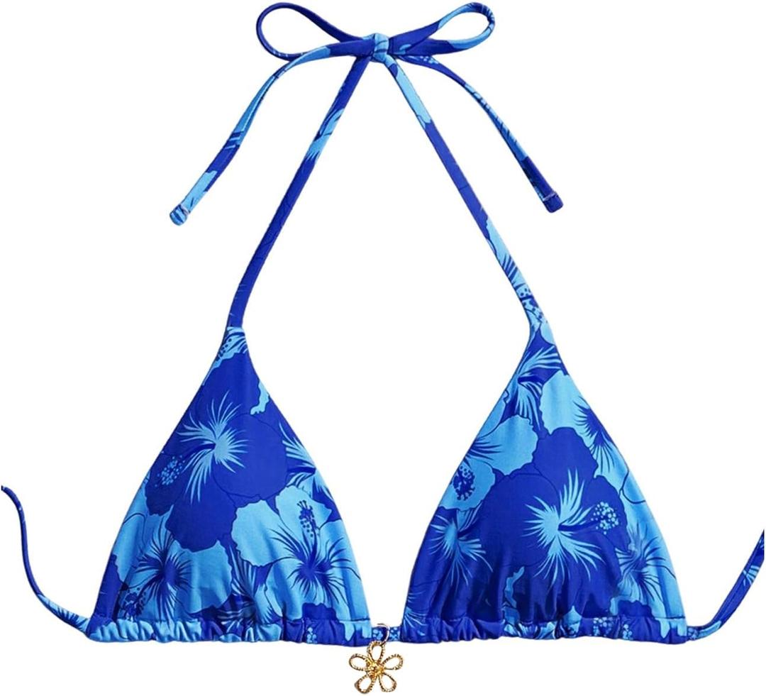 Milumia Floral Halter String Triangle Bikini Top for Women Bathing Suit Swim Top (Small, Royal Blue)