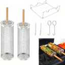 Rolling Grill Basket Set 2 Pack, 304 Stainless Steel Rotating Cage (3.9inch Dia & 3.5inch Dia) with Removable Wood Handle, Includes Wave Holder & Hanging Hooks, BBQ Net for Vegetables Shrimp Smoker Camping