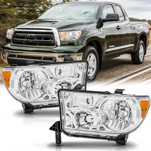 Headlight Assembly Pair for 2007-2013 Toyota Tundra (with/without Level Adjuster)/2008-2017 Toyota Sequoia Headlamps Head Lights Replacement Driver and Passenger Side,Chrome Housing Amber Reflector