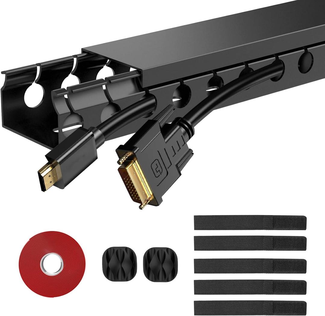Updated Cable Raceway Kit - 77 (5x15.4) Inch Open Slot Wire Covers for Cords, Under Desk Cable Management System to Hide Under Desk/Tv/Computer/Net/Power Cords, (Pack 5) (Black)