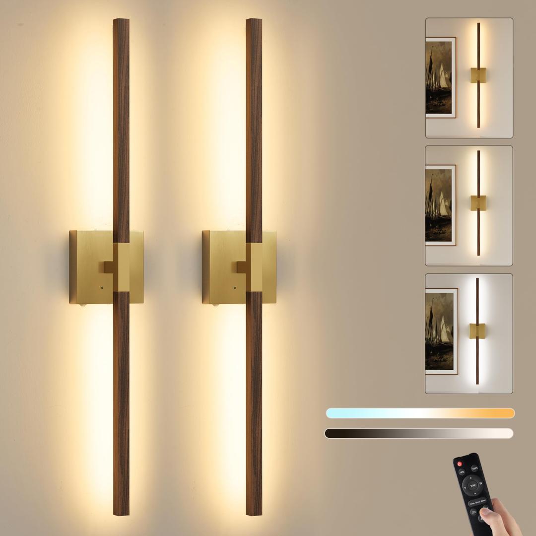 32 Inch Rechargeable Wireless Wall Sconce with Remote Control, 8000mAh Battery Operated Wall Sconce Set of 2 with Timer, 3000K/4500K/6000K Dimmable, 360° Rotation for Living Room, Gold Walnut (2 Pack)