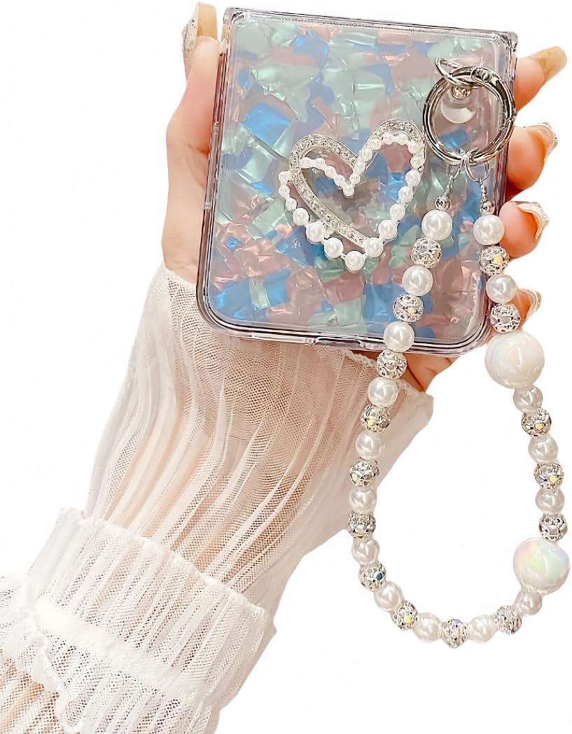 for Samsung Galaxy Z Flip 7 Case Cute Love Heart Girly Design,Flip7 Phone Case Bling Glitter Pearl Back Soft Silicone Bumper with Bead Phone Strap for Samsung Z Flip 7 White