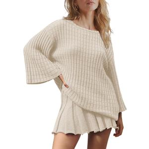 LAMISSCHE Womens Lounge Set Oversized 2 Piece Sweater Skirt Sets Long Sleeve Knit Top Pleated Skirts (Medium, Beige)