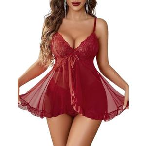 Avidlove Sexy Lingerie for Women Lace Babydoll Lingerie Dress Boudoir Lingerie V-Neck Front Open Ruffle Chemise L