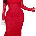 Binightt Womens Floral Lace Bodycon Midi Dress Long Sleeve Sexy See Through Mesh Club Party 2 Piece Dress Set Size L