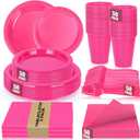 Hot Pink Plastic Plates for Party,50 Guest Disposable Plastic Plate Set 9" Plates,7" Dessert Plate,Napkins,Cups,Forks & Tablecloth for Girls Women,Summer Party,Birthday