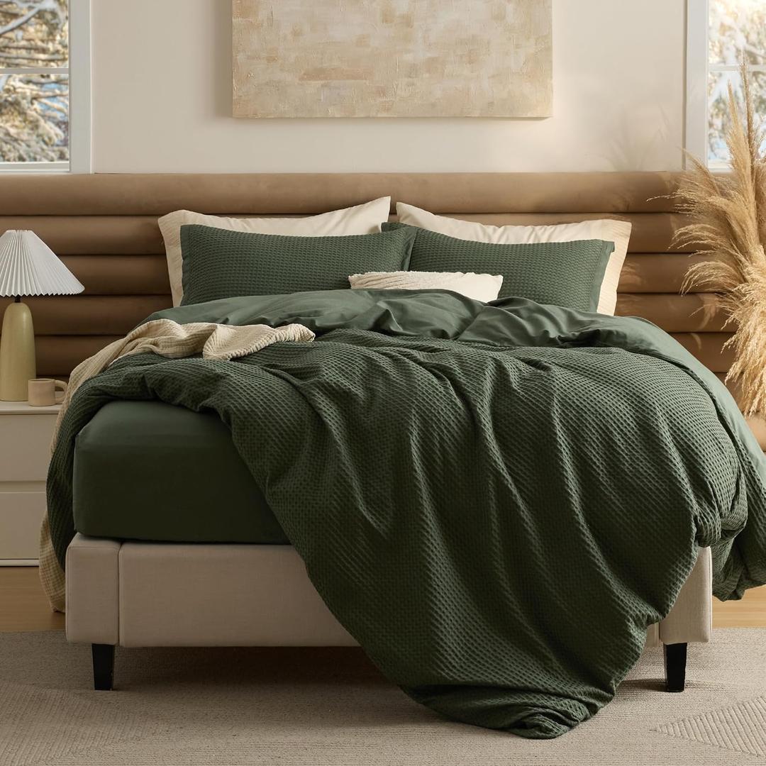 Bedsure 100% Cotton Duvet Cover Queen Size with Fitted Sheet - 4 Pieces Olive Green Waffle Weave Duvet Covers, PureWowen Breathable Bedding Set, 1 Duvet Cover 90x90, 1 Fitted Sheet, 2 Pillow Shams