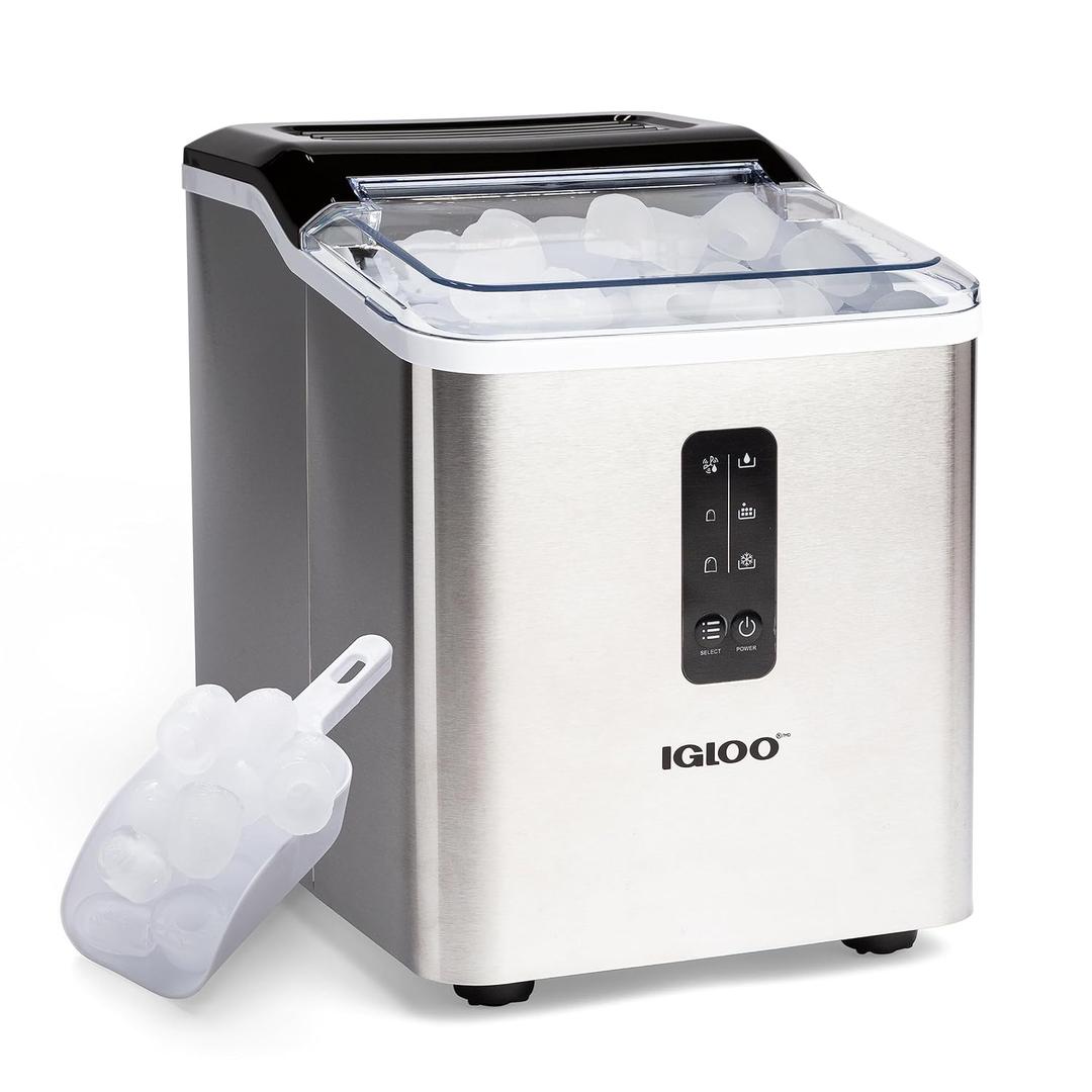 Igloo Automatic Ice Maker, Self-Cleaning, Countertop Size, 26 lbs in 24 Hours, 9 Large or Small Ice Cubes in 7 Minutes, LED Control Panel, Scoop Included, Great for Water Bottles, Stainless Steel