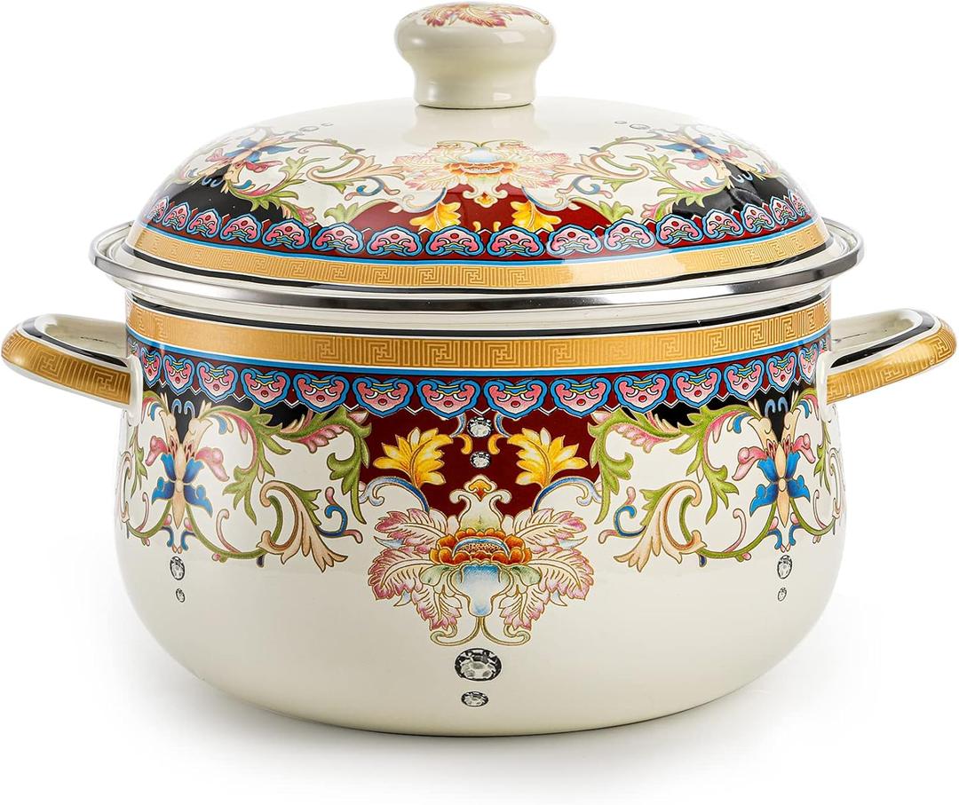 ZENFUN Kitchen Enamel Stockpot with Lid, 4.5 Quart Retro Flower Stew Bean Cooking Pot, Vintage Thicken Soup Pot with Handles, Nonstick, Safe for Induction Cookers, Gas Stove