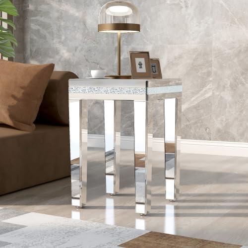 FridayParts Fashionable Modern Glass Mirrored Side Table, Easy Assembly End Table with Crystal Design and Adjustable Height Legs, Silver