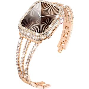 KADES Compatible for Apple Watch Band with Case Series 3 2 1, Sparkling Bling Diamond Bracelet with Full Diamonds Protective Bumper Built-in Tempered Glass Screen Protector (42mm, Rose Gold)