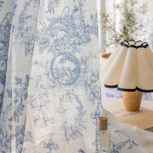 Blue and White Floral Semi Sheer Curtains Linen Textured for Living Room 96 inches Long 2 Panels Rod Pocket Light Filtering Window Drapes for Bedroom Dining