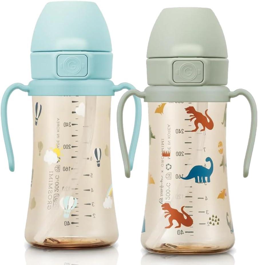 GROSMIMI Flip Top Spill Proof Sippy Cup, PPSU, BPA Free, 10 oz, Stage 2 Straw for Toddlers, 2-pack (Air Balloon & Dinosaur)